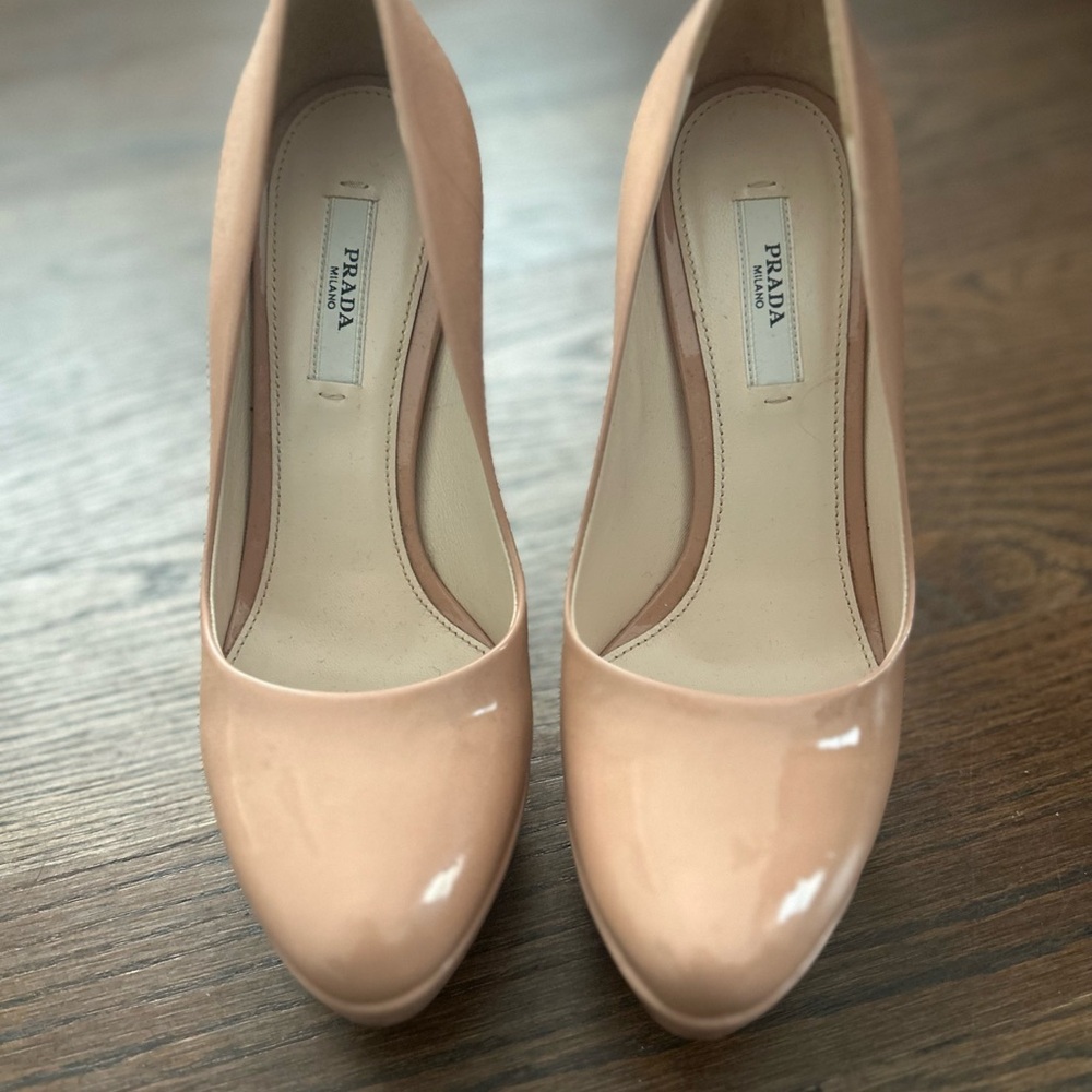 Prada Tan Heels Classic Patent Leather